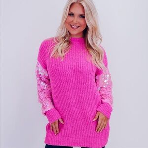 NWT DAVI & DANI Vibrant Pink Sweater Tunic with Sequin Sleeves